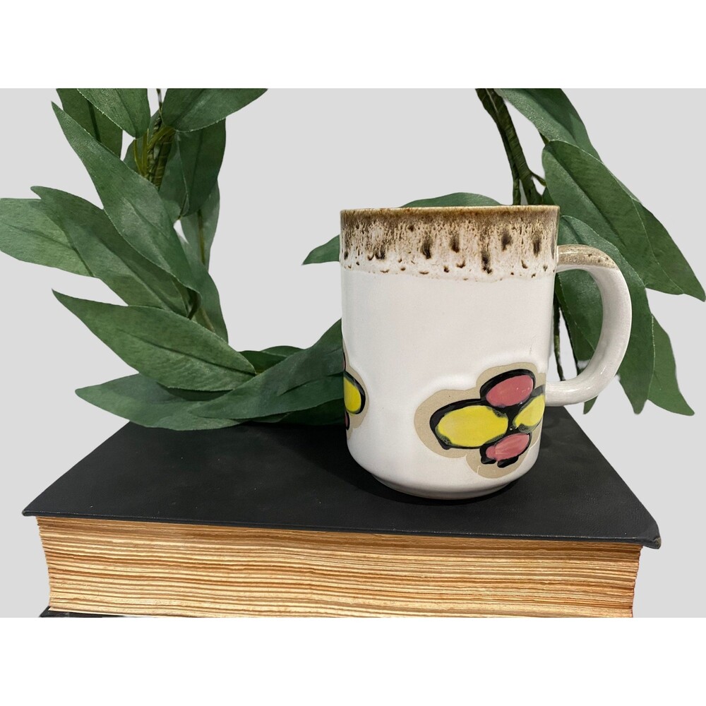 Vintage Stoneware Mod Floral Coffee Mug, Pink Yellow Mod Flowers, Coffee Cup
